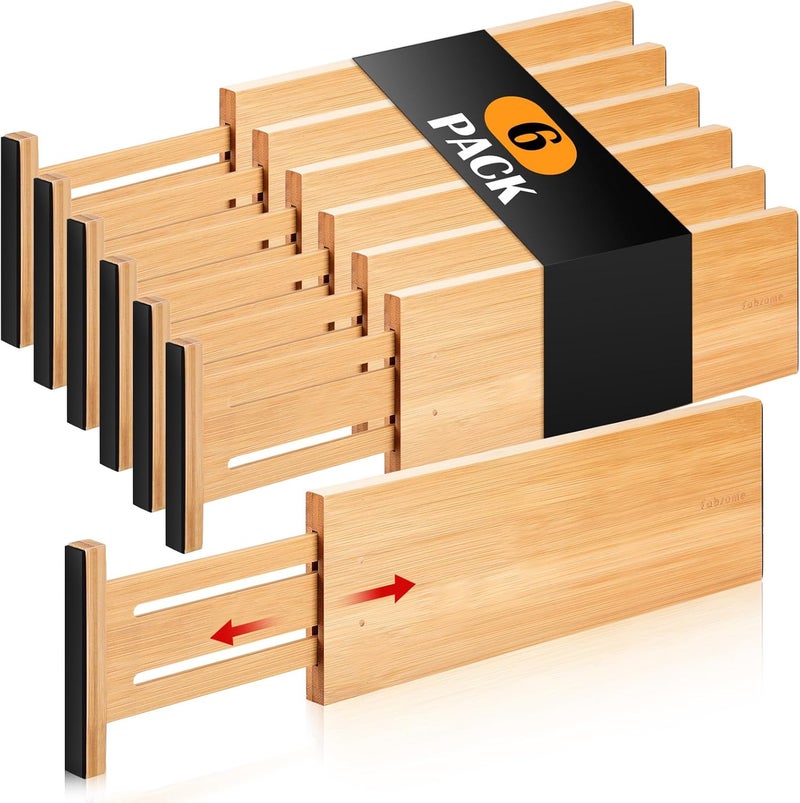 Fabsome Dresser Drawer Organizers 6 Pack, 4.65'' High Adjustable from 12.5-17‘’ Bamboo Drawer Dividers for Clothing Baby Clothes, Wooden Separators for Dresser Nursery Organization with Soft Foam Ends - Image 1